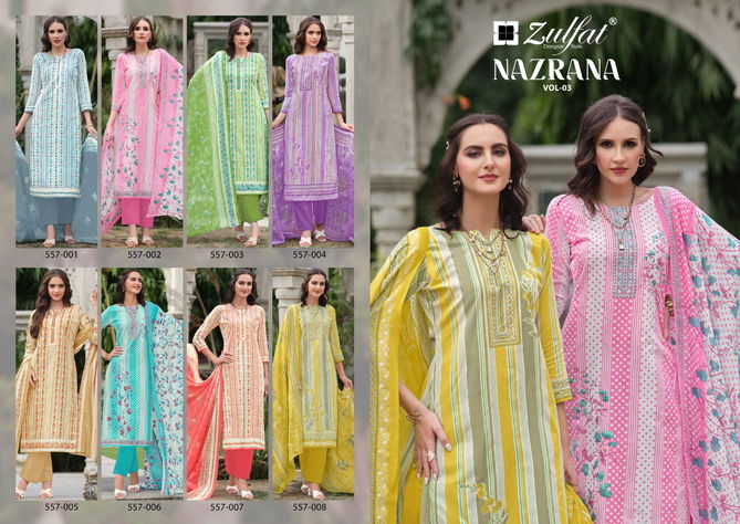 Nazrana Vol 3 By Zulfat Designer Printed Pure Cotton Dress Material Wholesale Online
